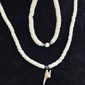 Puka Shell Shark Tooth Necklace With Matching Puka Shell Bracelet Hawaiian USA